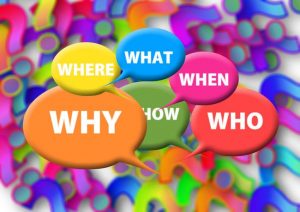 Image of colorful words asking the questions, "Why, where, what, when, how, who."