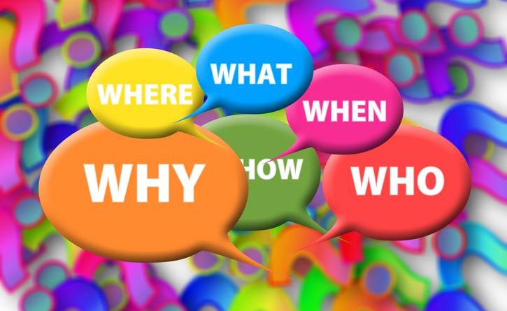 Image of colorful words asking the questions, "Why, where, what, when, how, who."