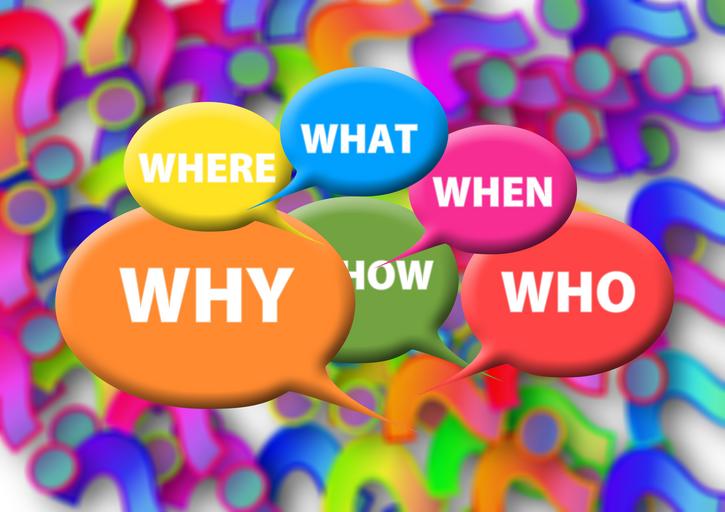 Image of colorful words asking the questions, "Why, where, what, when, how, who."