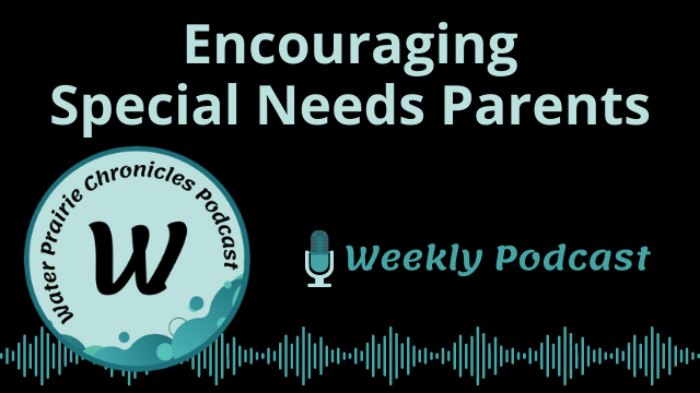 Black background with teal writing. At the top is "Encouraging Special Needs Parents," with a round Water Prairie Chronicles Podcast logo on the left and "Weekly Podcast" on the right of the middle. Across the bottom is a series of long and short vertical lines that indicate sound waves.