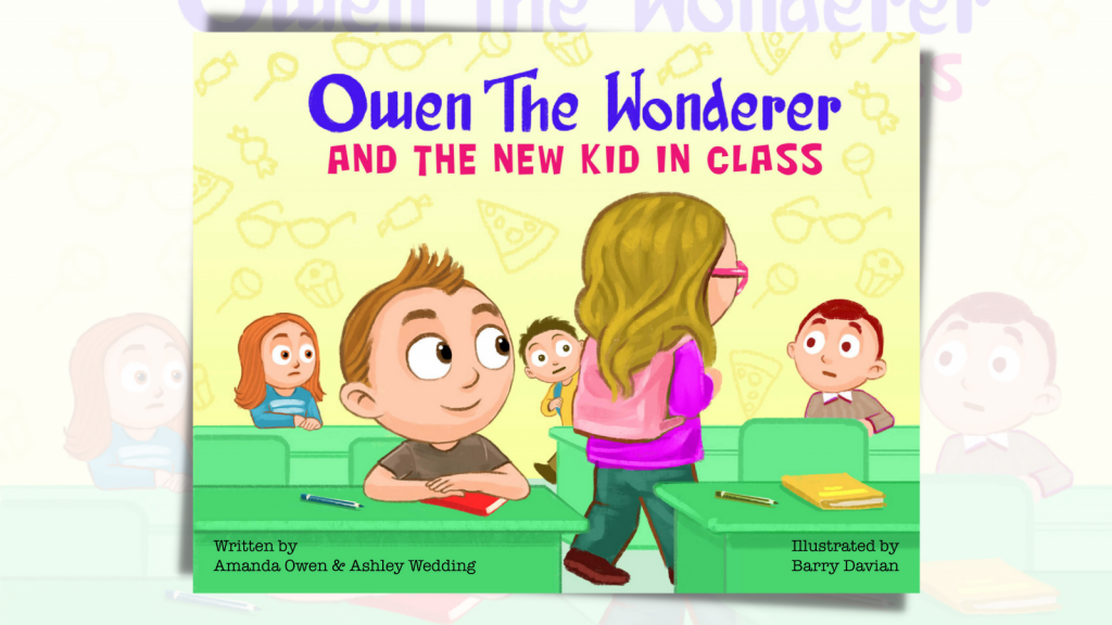 The cover of Owen the Wonderer, and the New Kid in Class. It is a cartoon image of children sitting on green chairs with green desks in a classroom.