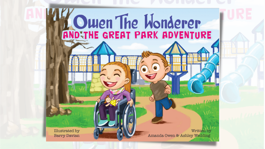 Cover of the 2nd Owen the Wonderer book with a girl in a wheelchair and a boy running behind her in a park setting. The image is a cartoon drawing.
