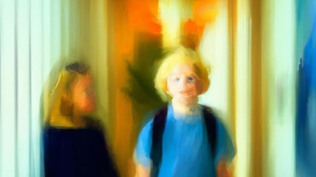 Ai generated impressionist painting of 2 children in a hallway. It seems to be a girl on the left with long blond hair and a black top and a boy in the center with short blond hair, blue eyes, a light blue shirt, and wearing a backpack.
