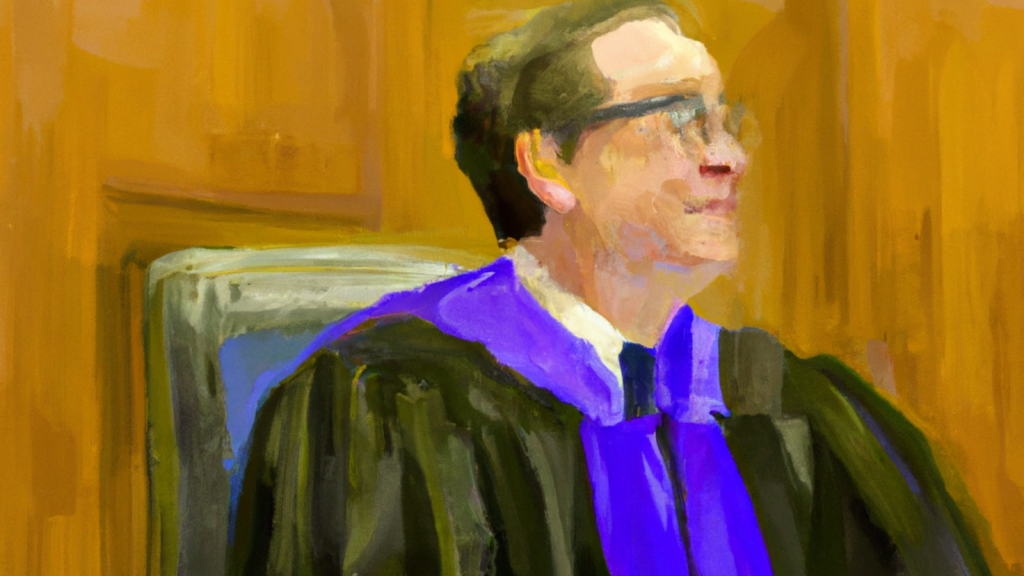 Ai generated impressionist painting of a male judge with short dark hair and wearing glasses. He is sitting in a chair with a brown wall behind him. His clothing appears to be a black robe with a purple sash and a white collar.