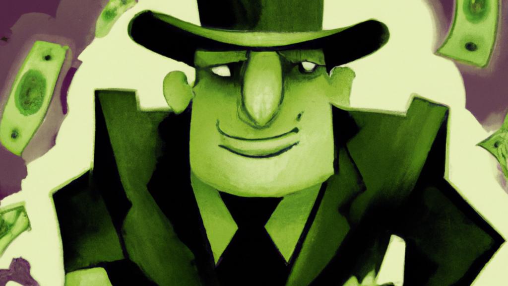 A digital image created by artificial intelligence of a green man wearing a dark green hat and suit coat with images of paper money on both sides of him.