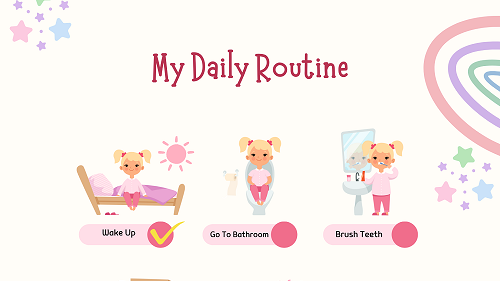 A graphic image with a soft yellow background and pink images of a girl standing by her bed, standing up, and standing in front of a bathroom sink. Above the images is the title, "My Daily Routine."