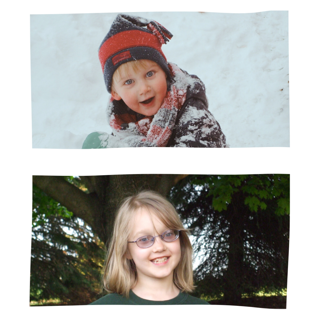 Two photos. The top photo is of a young boy playing in the snow and about to throw a snowball at the camera with an impish grin on his face. The bottom photo is of a young girl with dark blonde hair and wearing glasses as she smiles at the camera.