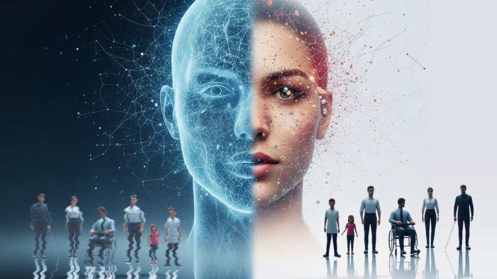 disability representation in ai image displaying a half human and half electronic head with images of diverse people on the human side and distorted humans on the electronic side