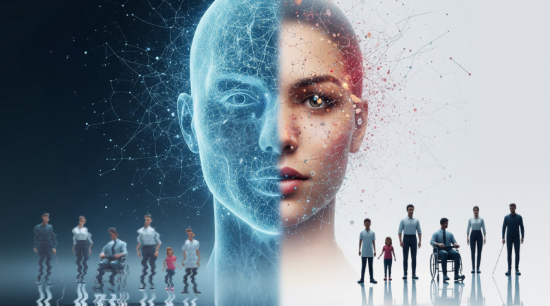 disability representation in ai image displaying a half human and half electronic head with images of diverse people on the human side and distorted humans on the electronic side