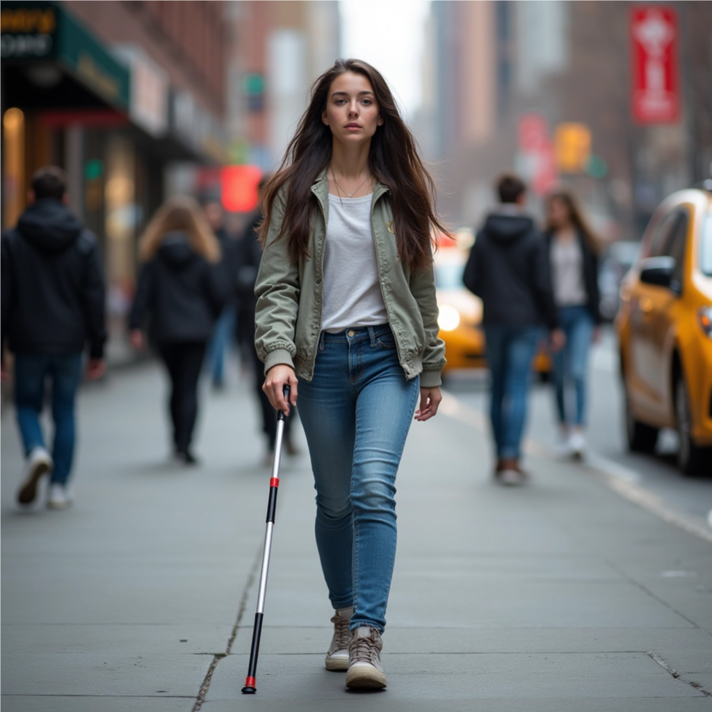 The girl is using the cane as a walking cane, and it is not a white cane with a red tip.