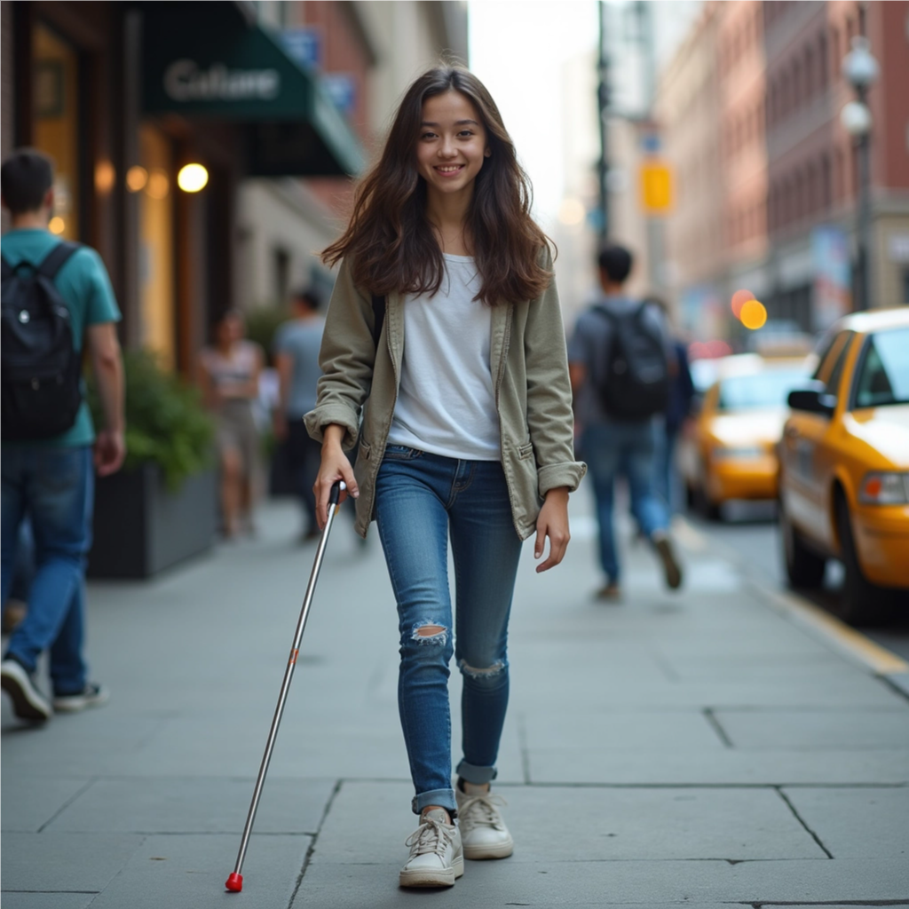 The girl is not holding the cane, and it is not a white cane with a red tip.