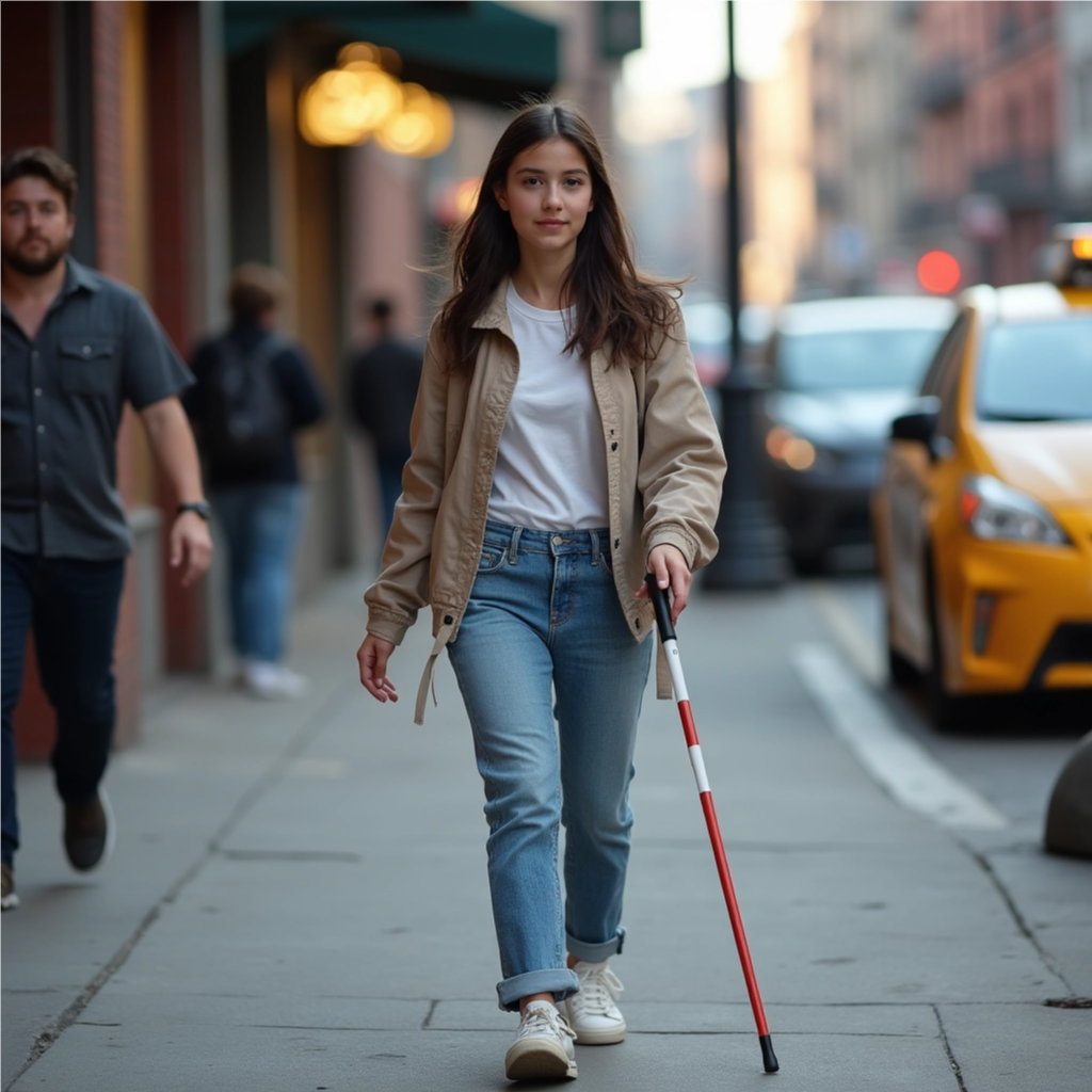 The girl is not really holding the cane, but it is closer to looking like she is holding it. It is not in her right hand, and the color of the cane is not correct, but it is closest to the right style, although it is still too short.