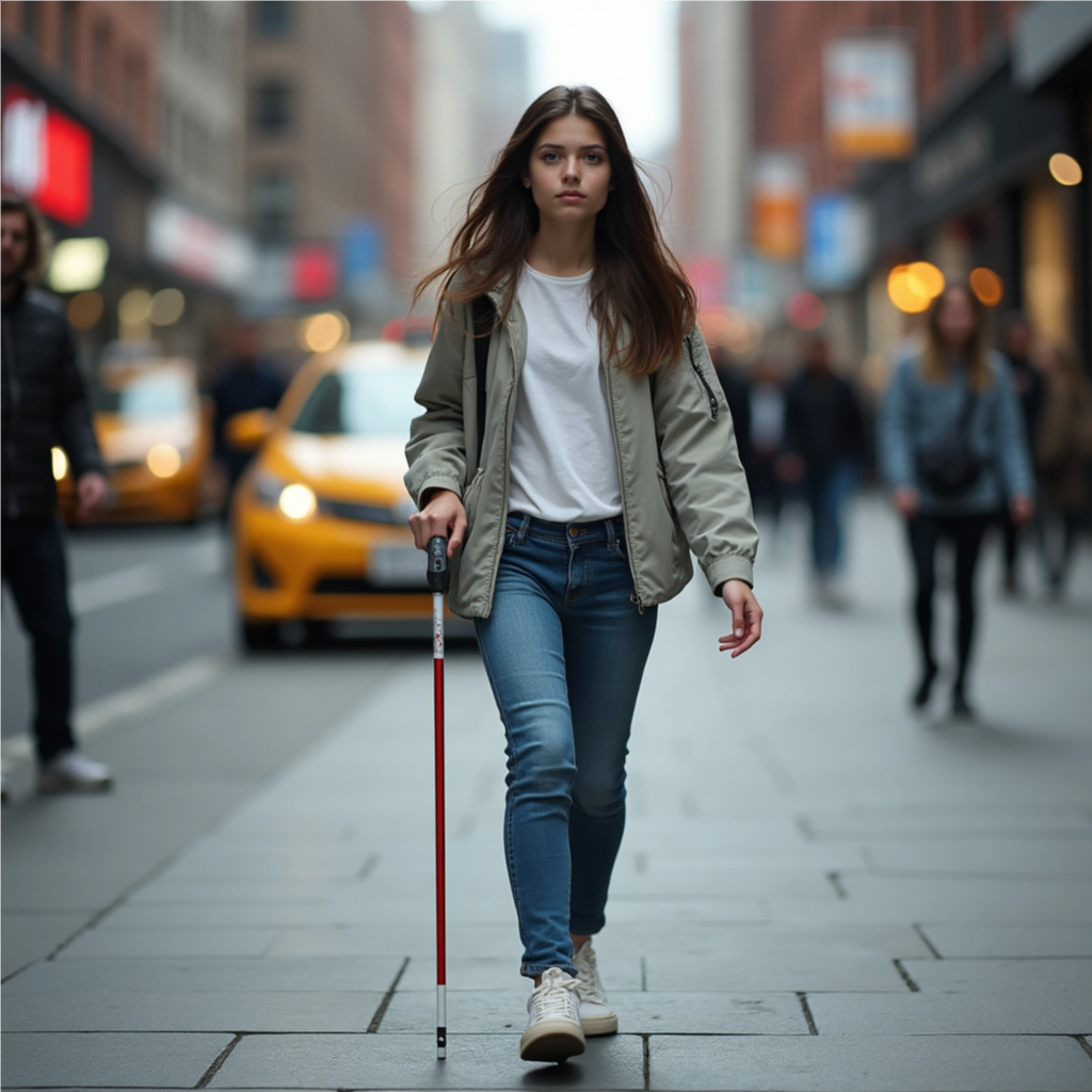 The girl is pushing her knuckles on the top of the cane and using it as a walking cane. It is too short, and the colors are the opposite of what was requested.