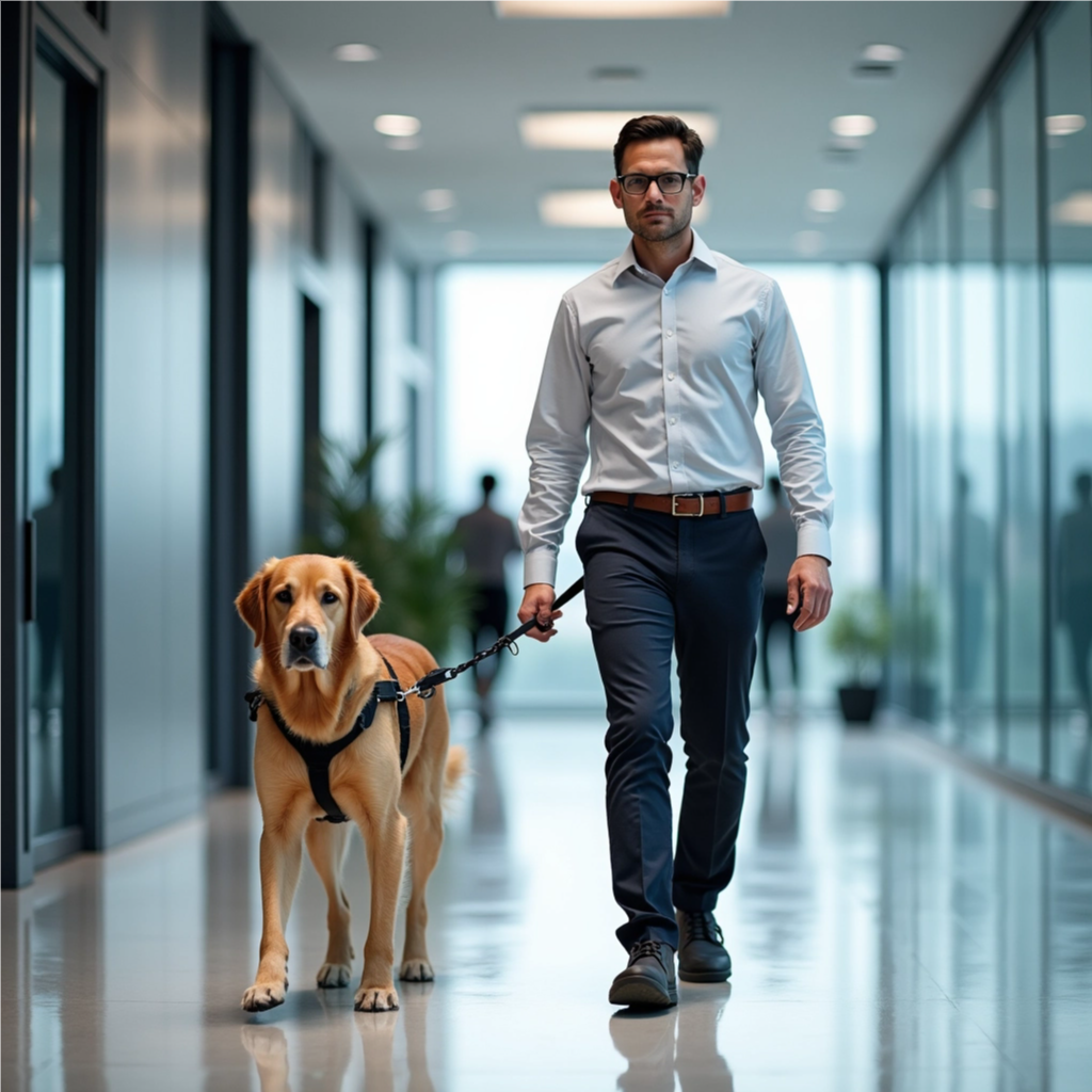 The man is holding a standard leash attached to a harness on the dog.