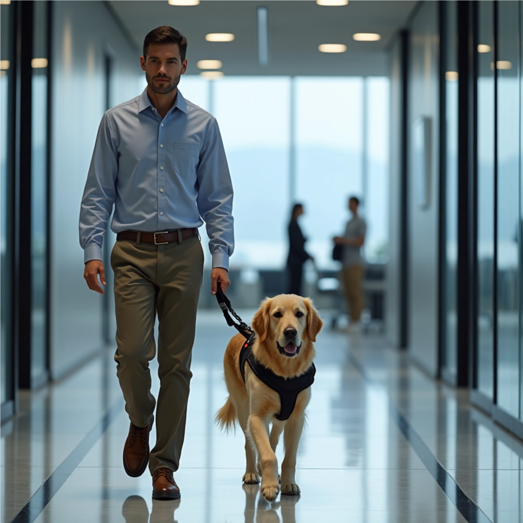 The man is holding a leash attached to the dog's harness.