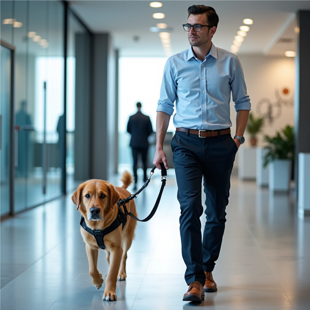 The man is holding a loose leash attached to the dog's harness. The man is relaxed, looking to the side, and has his hand in his pocket. He does not appear to be relying on the dog to guide him.
