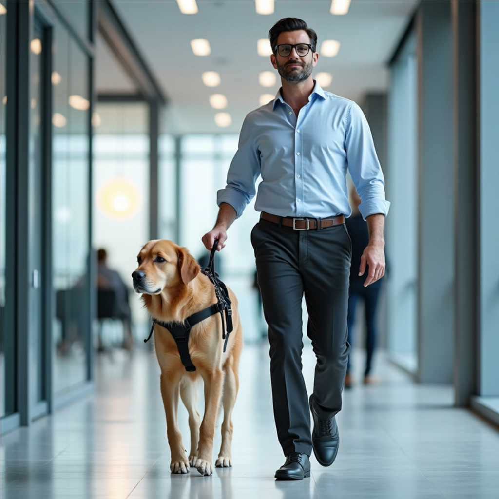 The man is holding a leash attached to the back of the dog's harness, and the dog seems to be walking in front of the man.