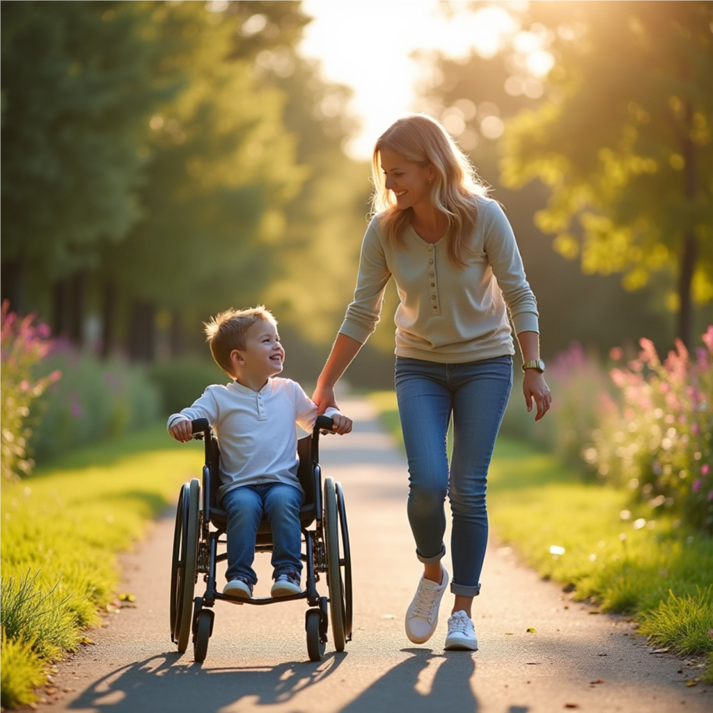 An image of a woman walking beside a young boy who is in a wheelchair.