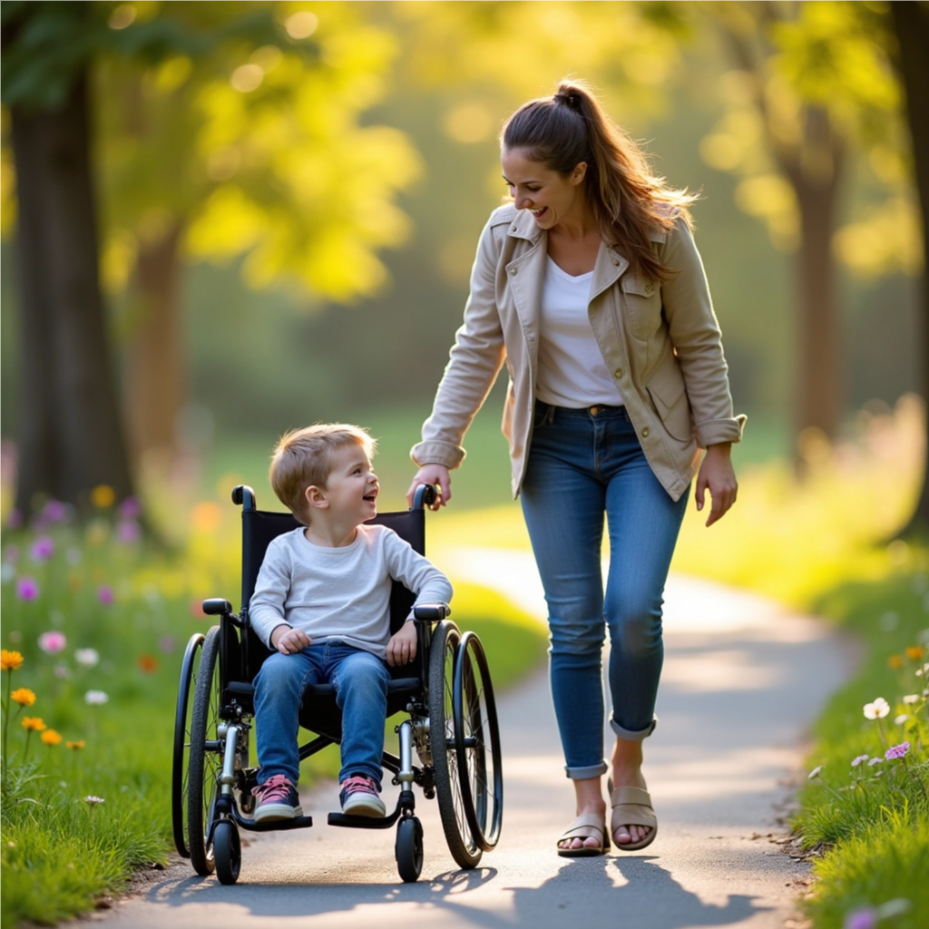 An image of a woman walking beside a young boy who is in a wheelchair.