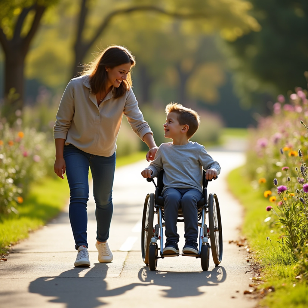 An image of a woman walking beside a young boy who is in a wheelchair.