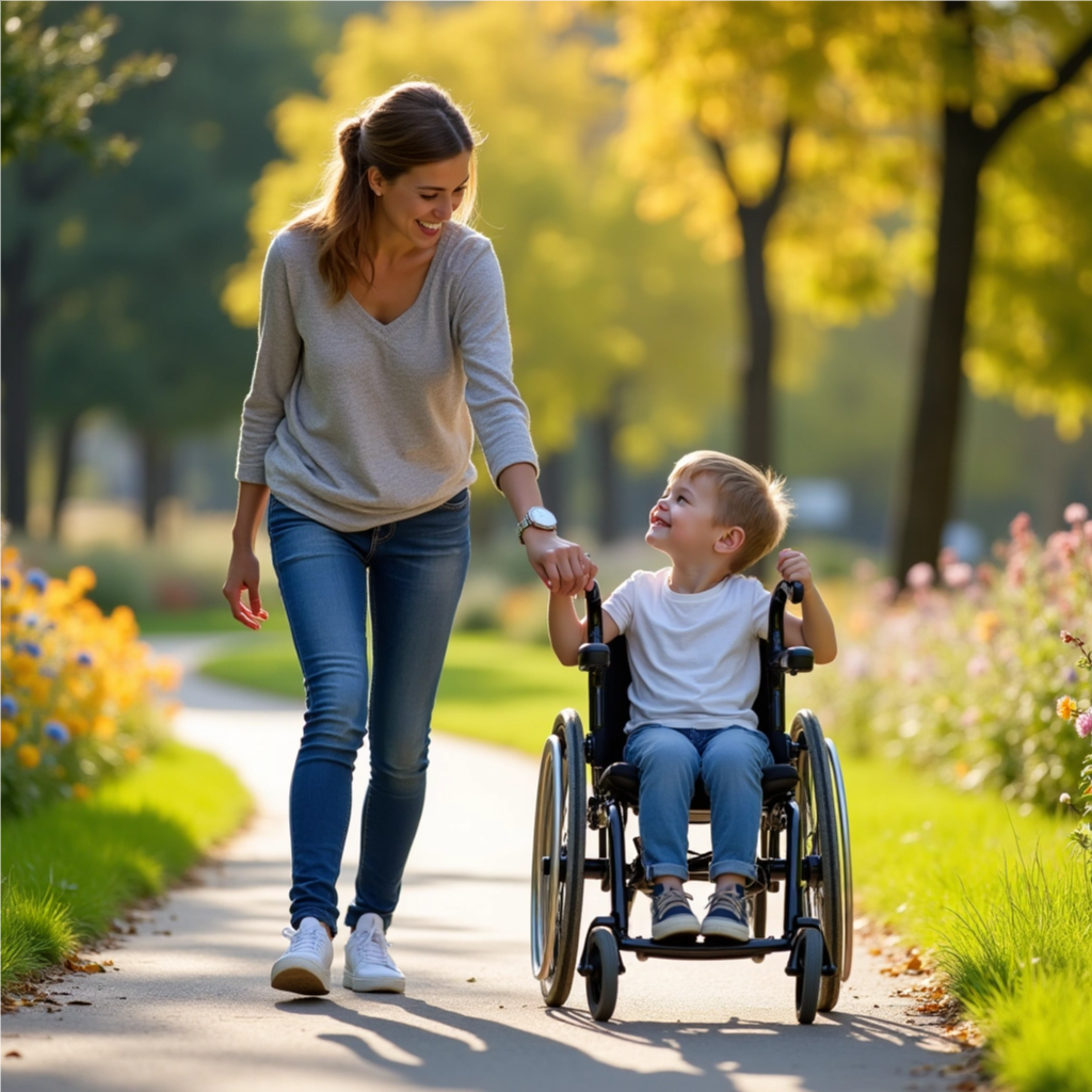 An image of a woman walking beside a young boy who is in a wheelchair. The wheelchair handles are in front of the boy instead of on the back of the chair. 