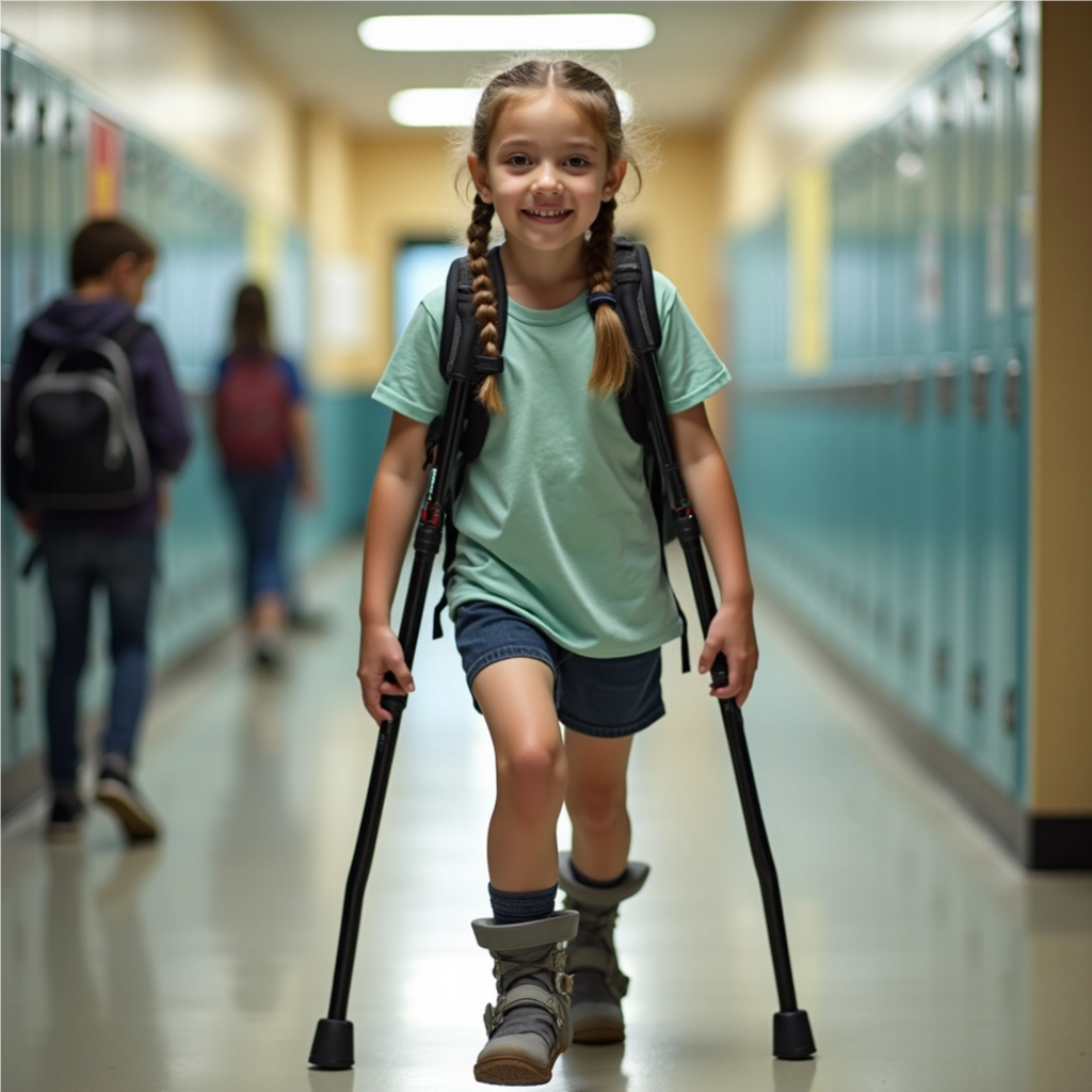 The girl is using crutches that are propped under her arms, and her hands are in front of the crutches. 