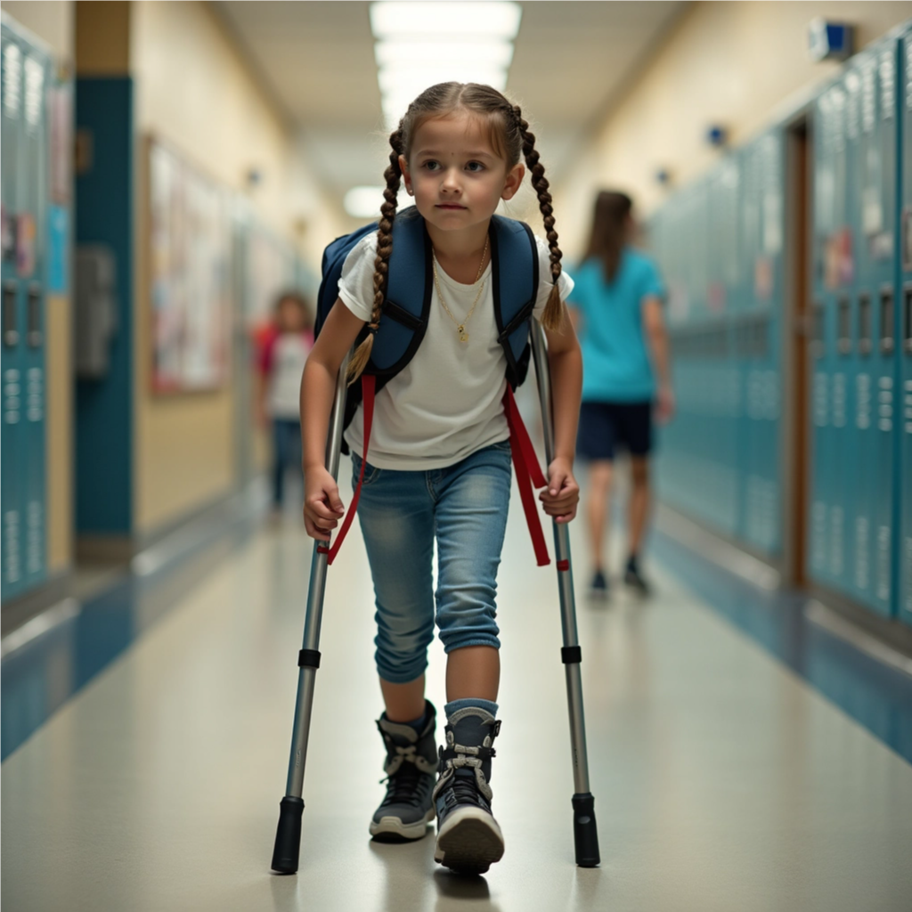 The girl has crutches under her arms, and her hands are in front of the crutches. It is hard to tell if she is wearing orthotics on her feet and ankles. 