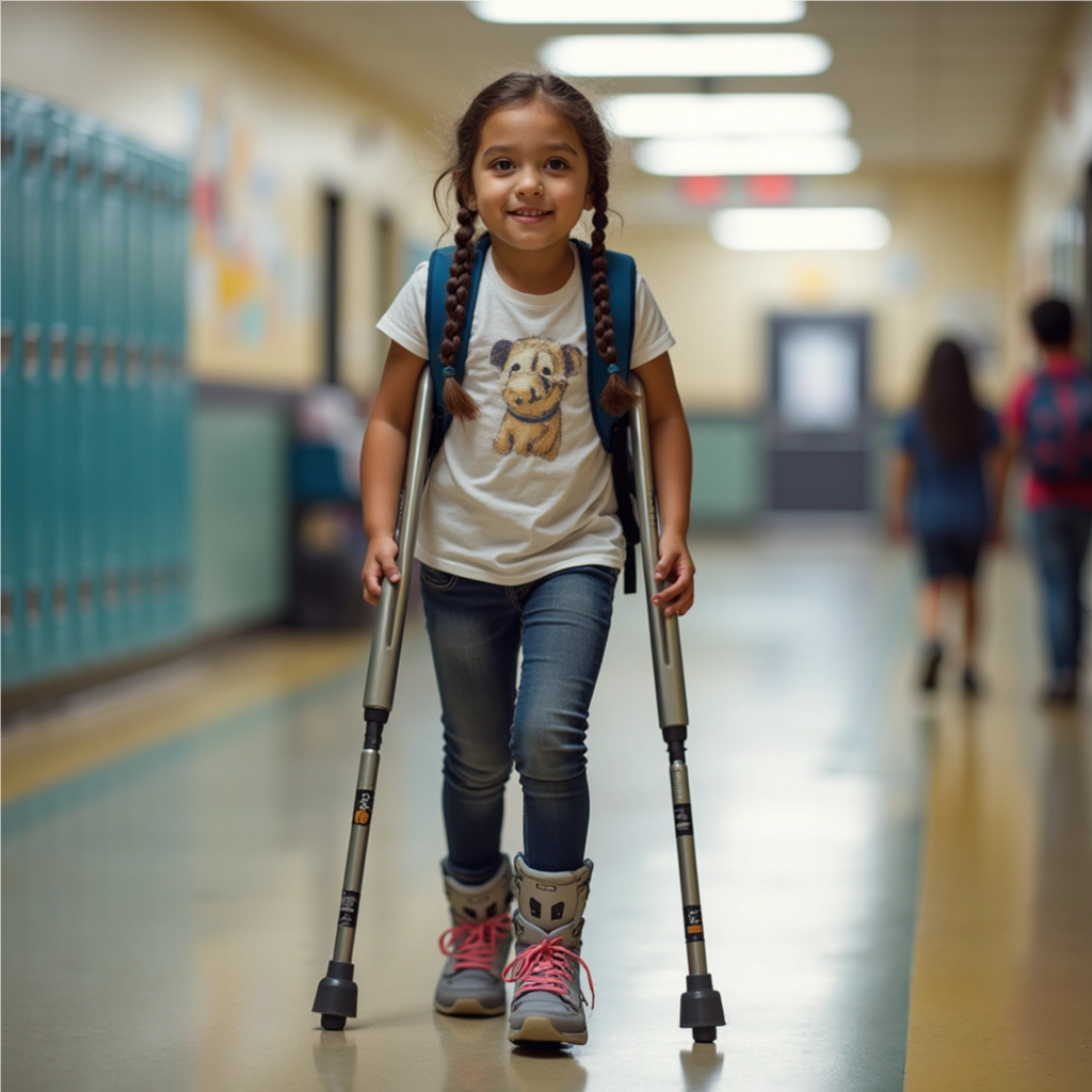 The girl has crutches under her arms, and her left hand is in front of the left crutch. The orthotics look more like ski boots. 