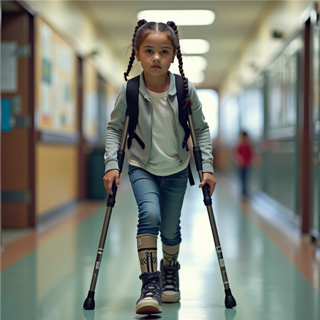 The girl has crutches under her arms, but the orthotics look appropriate. 