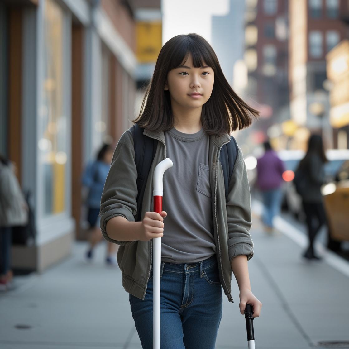The girl is holding a white staff with part of the top cut off in her right hand and a smaller walking cane in her left hand.