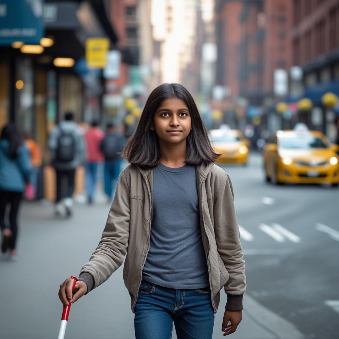The girl is holding the cane incorrectly in her right hand, and the cane is not fully shown. It looks as if the top of the cane is going through her hand.
