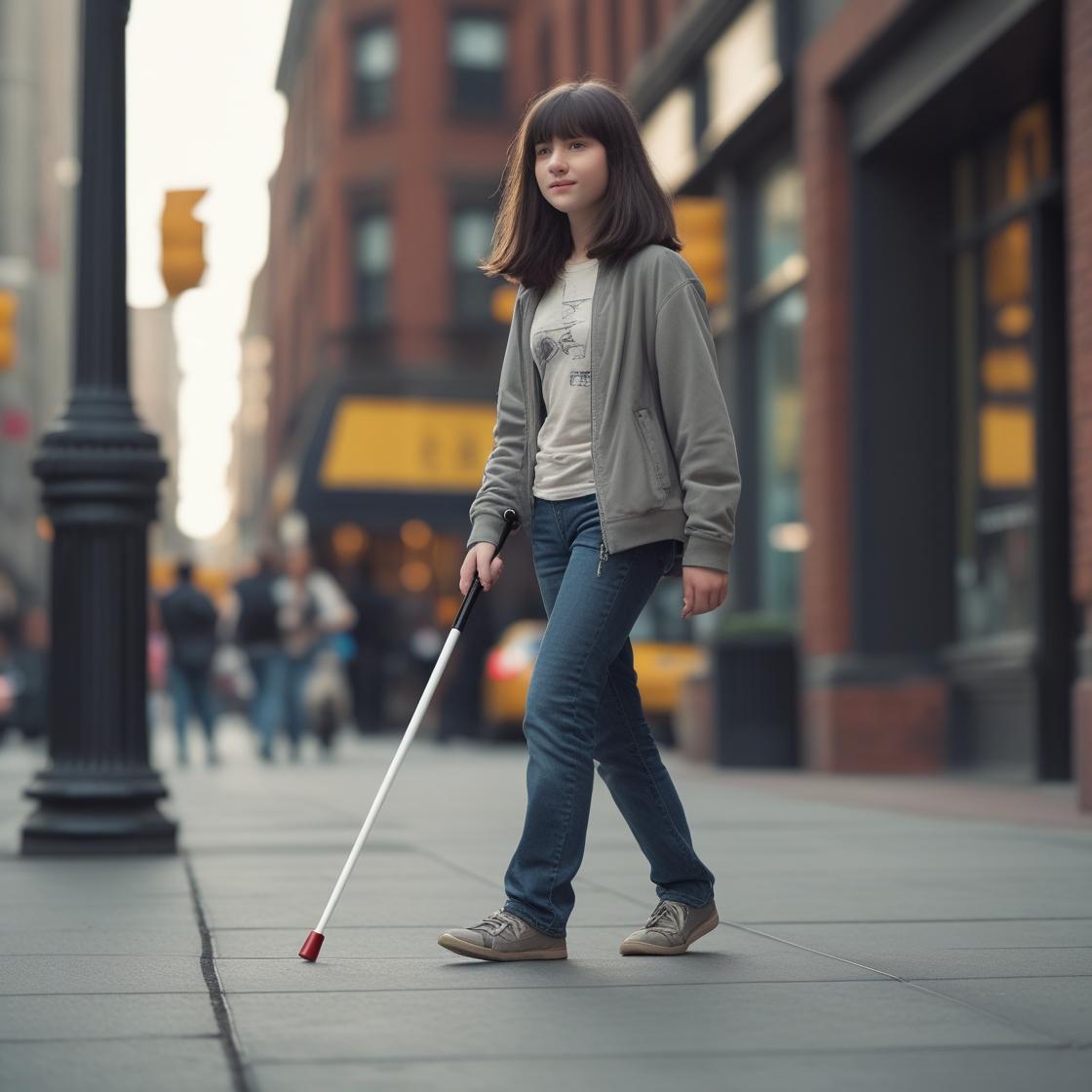The girl is walking with the cane correctly in her hand, but it is a bit short and has the wrong style of tip on the end.
