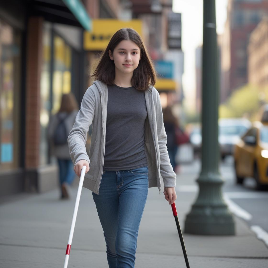 The girl is walking with a white walking cane in her right hand and a black shorter cane in her left hand.