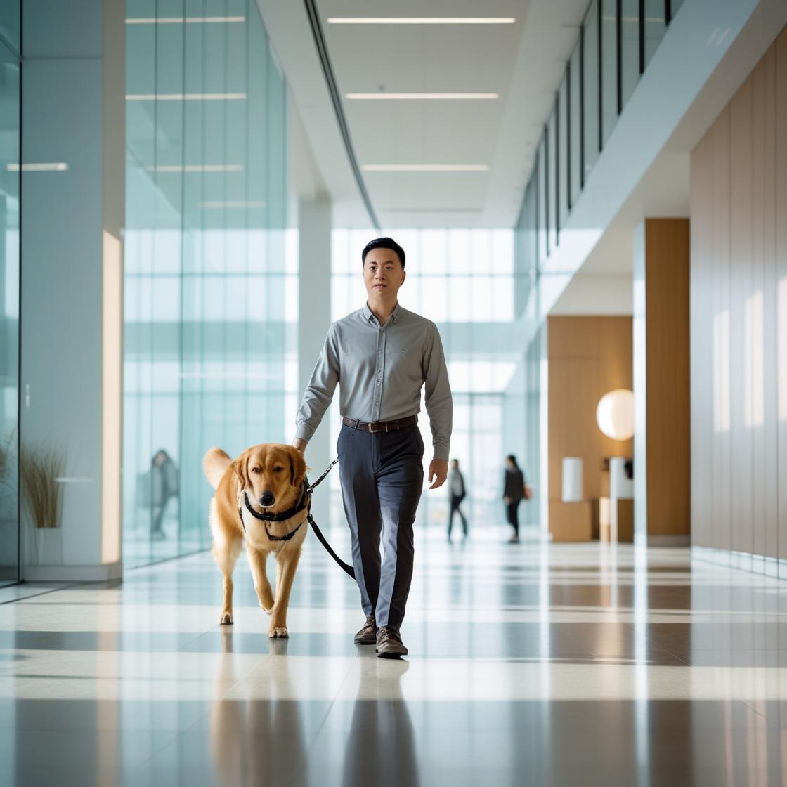 The dog has a harness and what looks like 2 leashes coming out of his side, and the man looks like he is touching the back of the dog’s head.