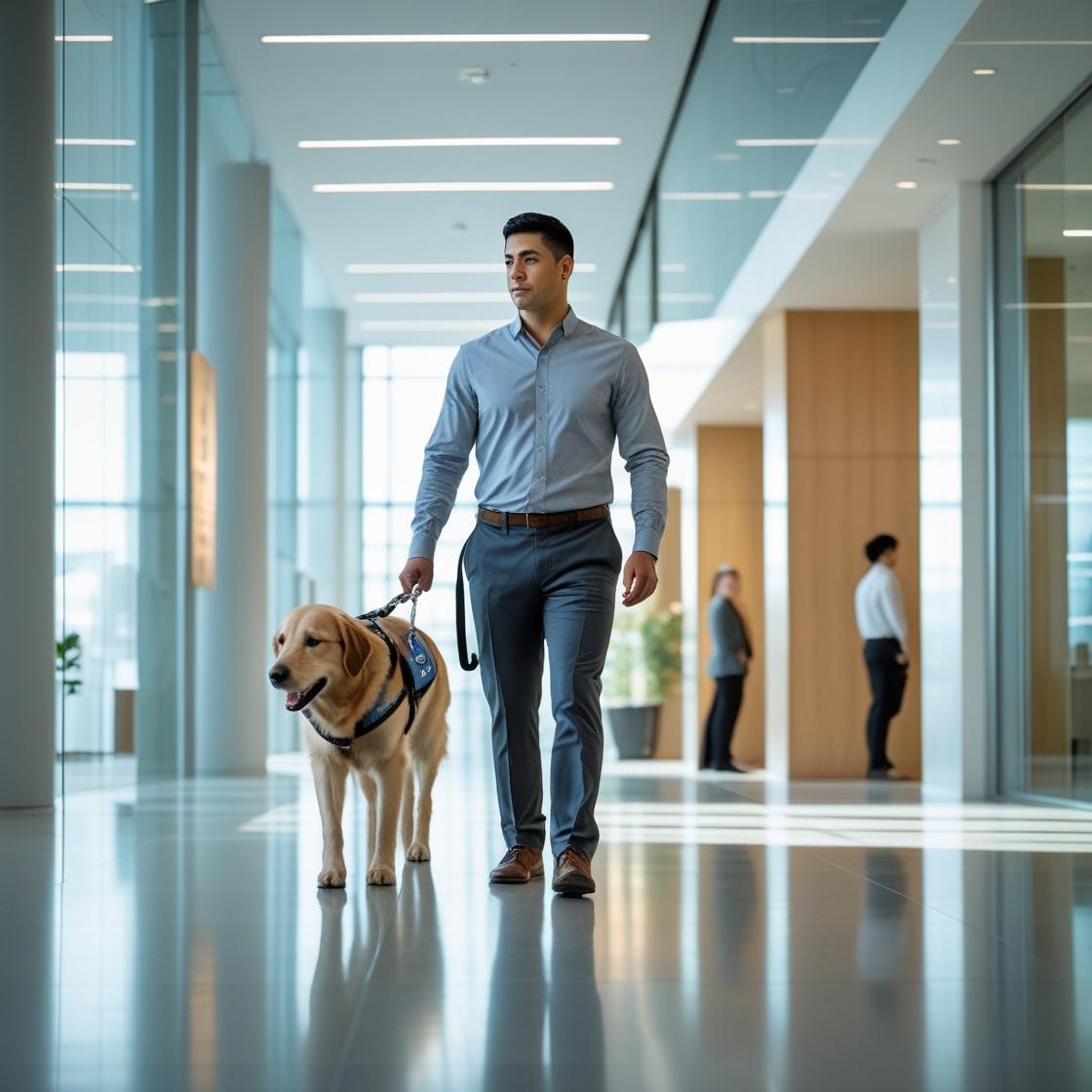 The man is holding a leash on the dog who is wearing a harness.