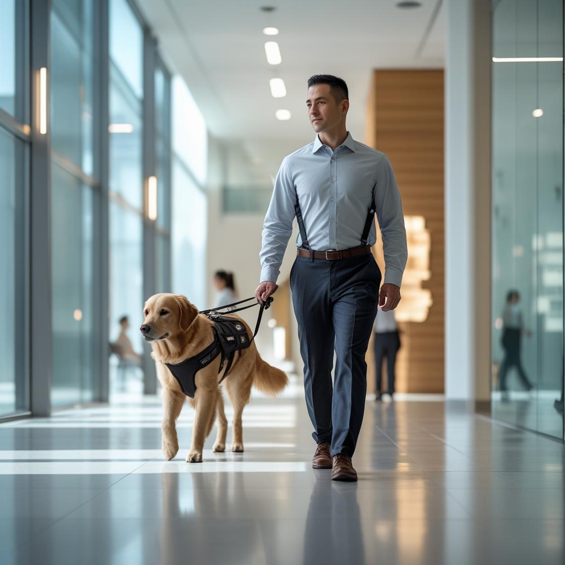 The man is holding 2 leashes attached to the dog’s harness.