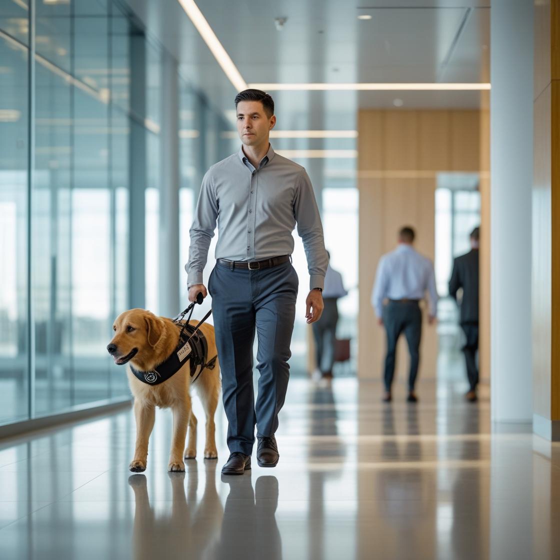 The man is holding a leash that is attached to the dog’s harness.