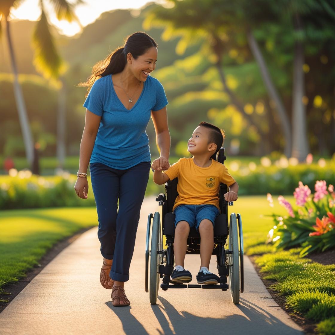 An image of a woman walking beside a young boy who is in a wheelchair.