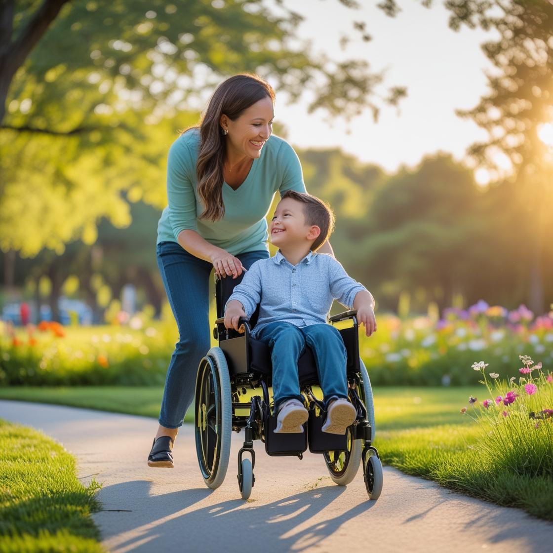 An image of a woman standing behind a young boy who is in a wheelchair.