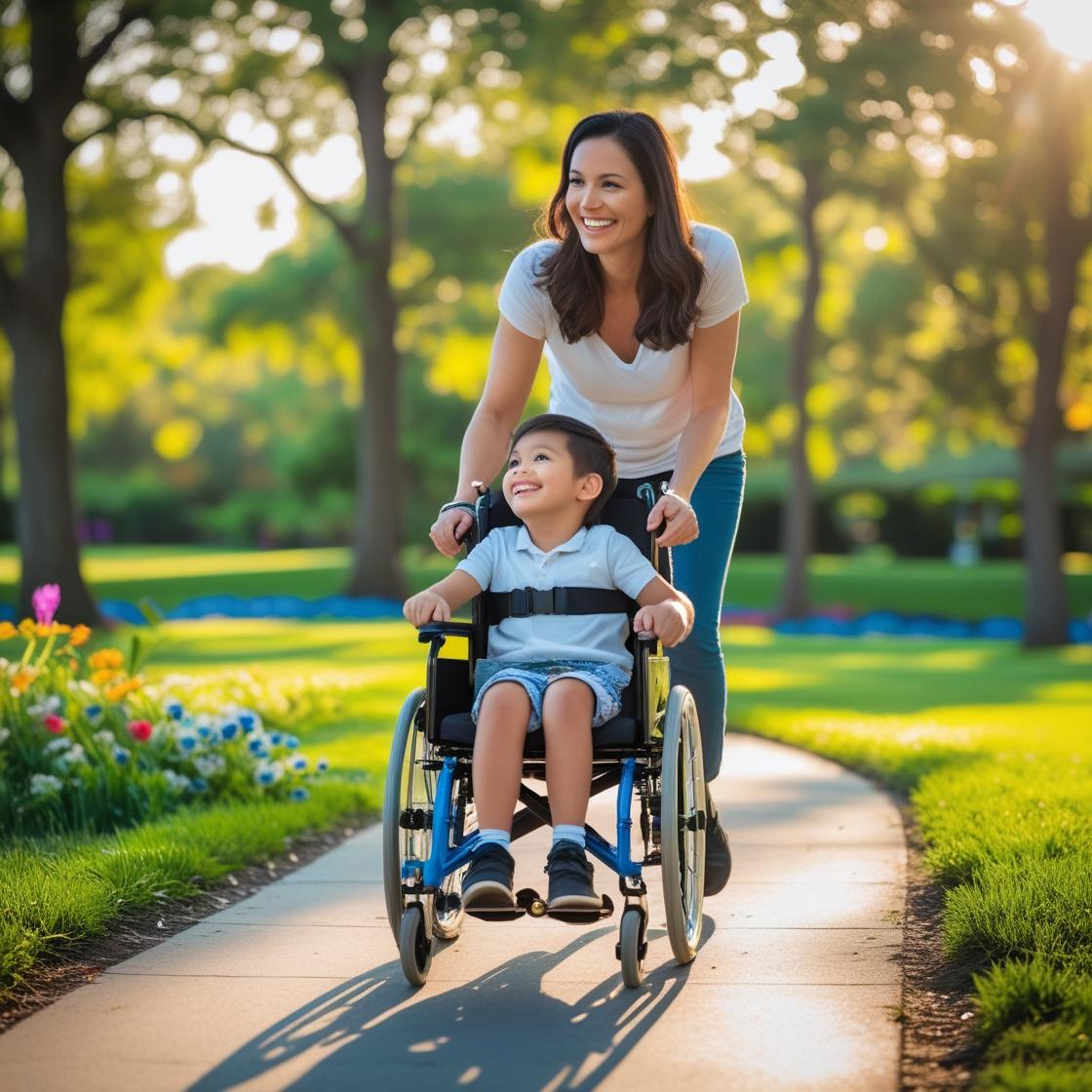 An image of a woman pushing a young boy who is in a wheelchair. The boy is wearing a black strap across his chest.