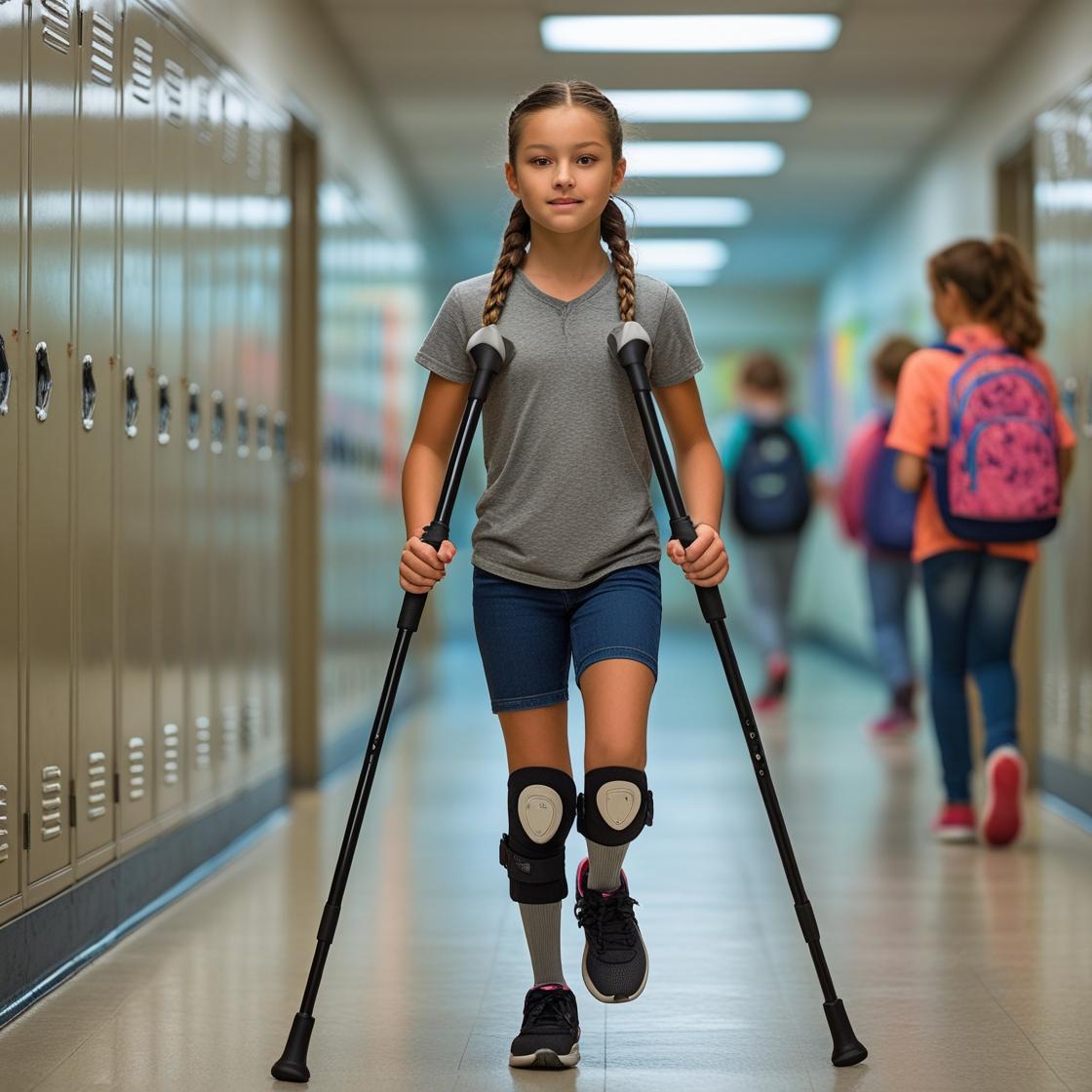 The girl has crutches that are not under her arms or on her forearms, they seem to be long walking sticks that are in front of her chest. There are no orthotics, but she is wearing knee pads instead. 