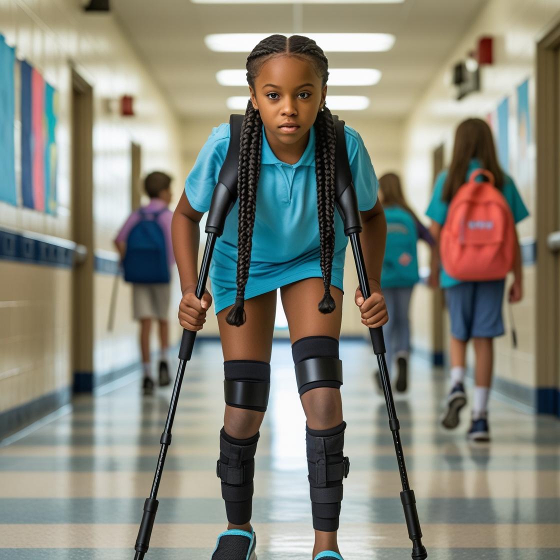 The girl looks like she is skiing with black sticks beside her and is wearing bands on her calves and above her knees. 