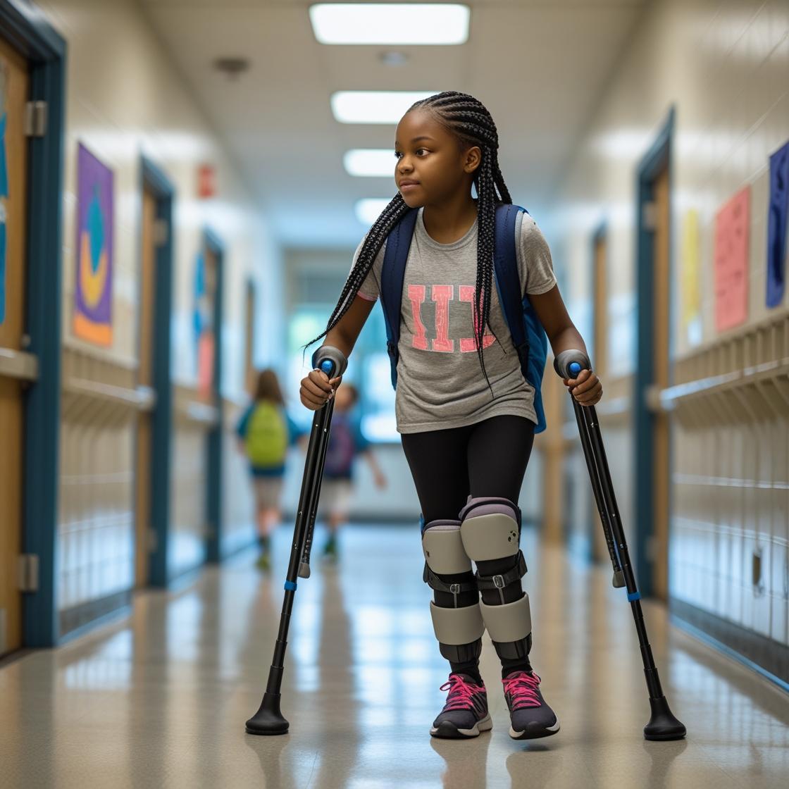 The girl is walking with walking sticks and is wearing bands around her calves and knees. 