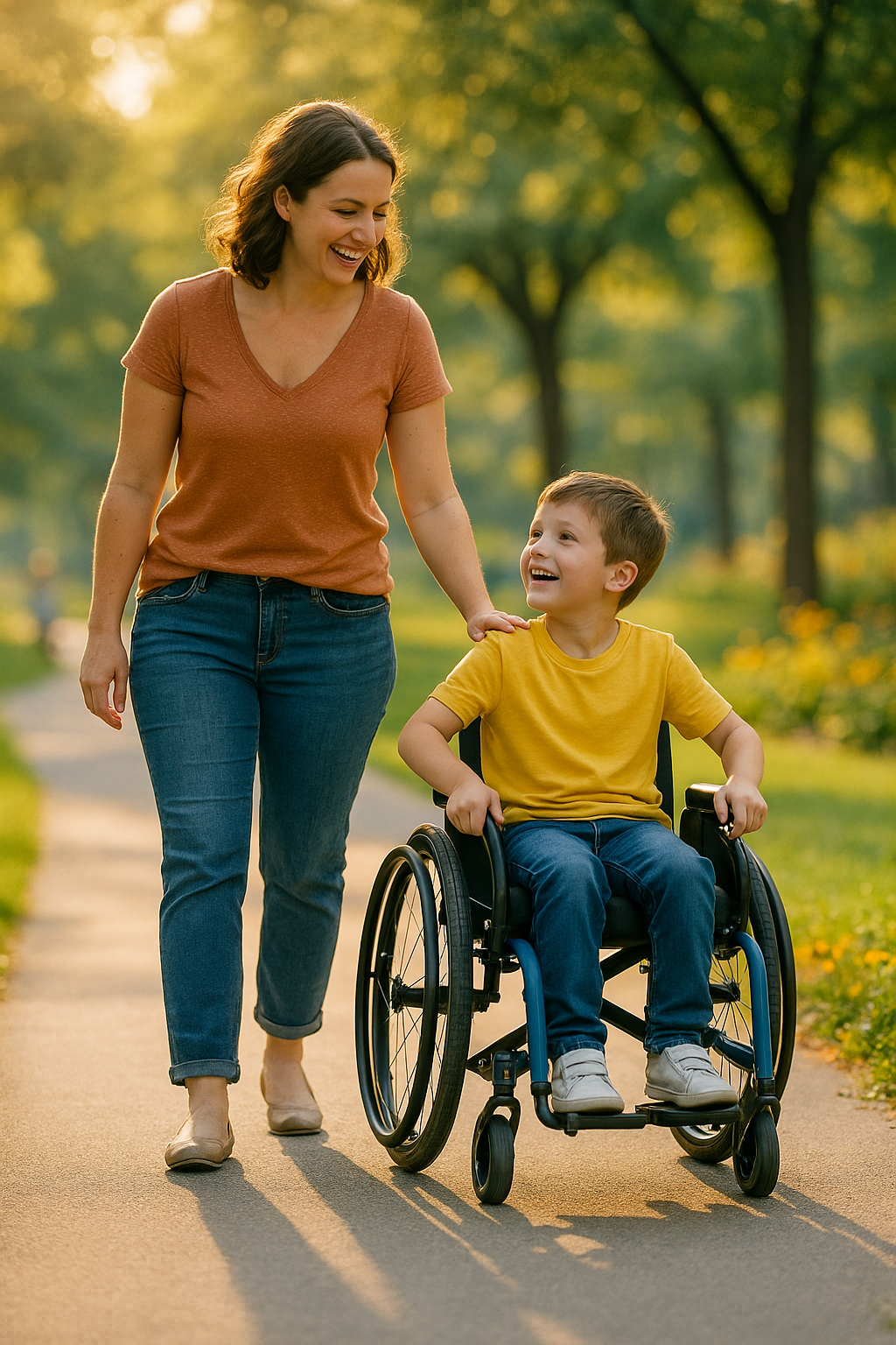 An image of a woman walking beside a young boy who is in a wheelchair.
