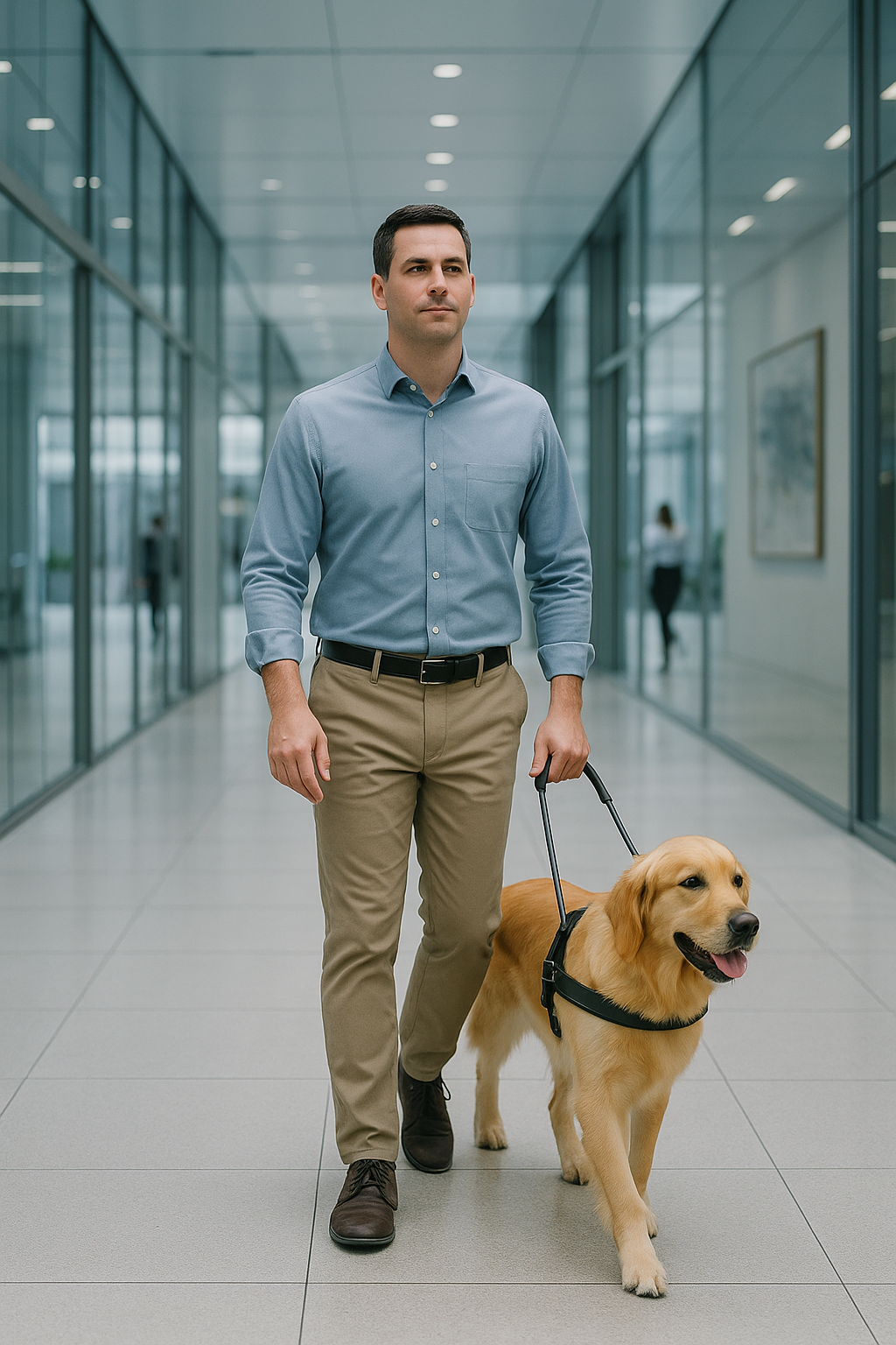 This image has a man who might be walking with a guide dog and holding onto the harness. The dog’s harness has no identification on it showing he is a guide dog.