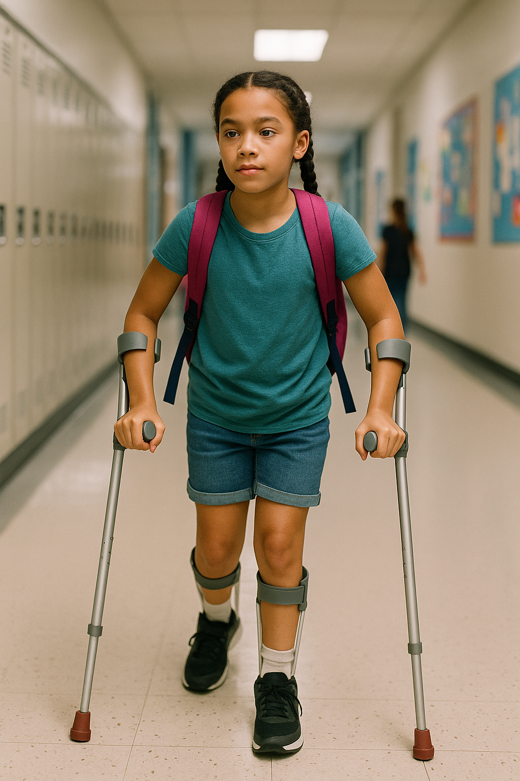 The girl is using appropriate forearm crutches and has a type of orthotic on her lower legs. 