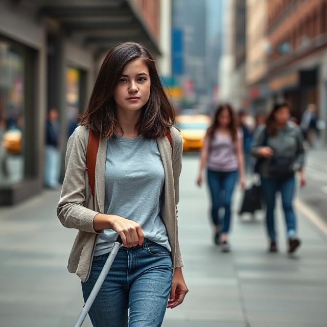 The girl is holding a white cane in front of her with the cane pointing out to her right side.