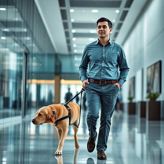 This photo has a few problems with the dog missing a back left leg, the man holding onto a leash while walking with his hands in his pockets, and the dog is not wearing a guide dog vest identifying it as a guide dog.