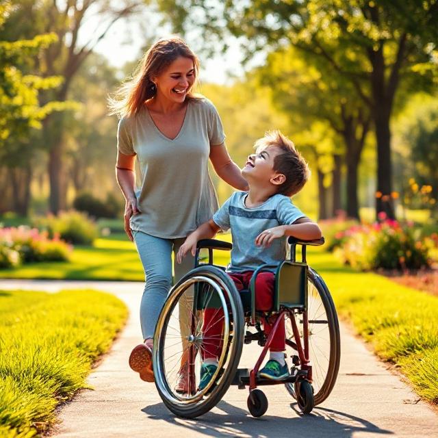 This image was a total fail! It has the boy sitting in a chair that has the front wheels positioned on the left side of the chair, and the rear wheels are positioned in front of and behind the boy. 
