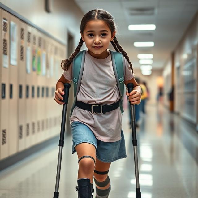 The girl has walking sticks in both hands and has a band above each knee and straps below her knees. 